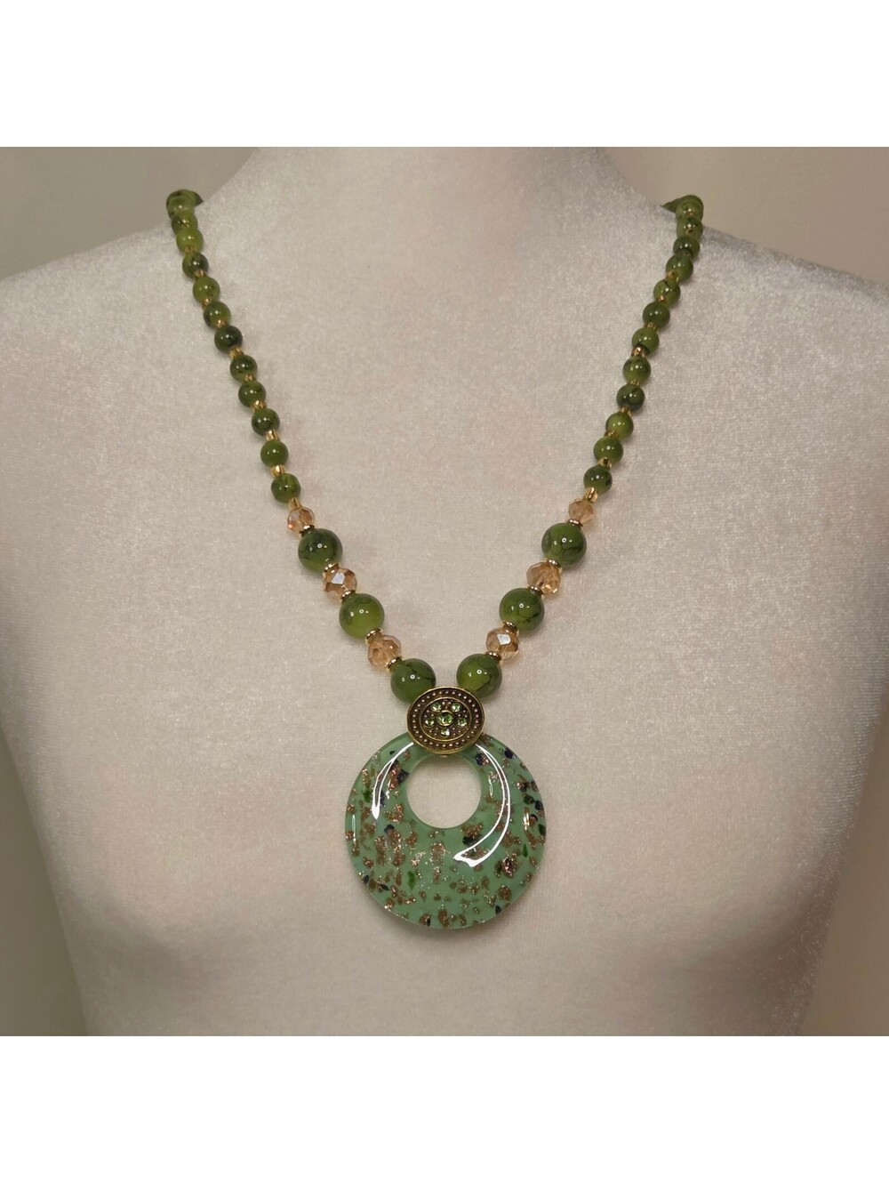 y2k boho green and gold hollow circle pendant beaded necklace